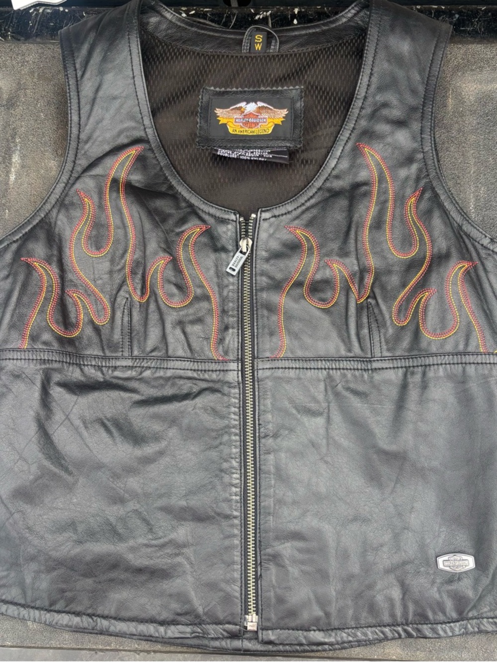 Harley-Davidson Women’s Leather Flame Vest Small Black Y2K Moto Biker Zip